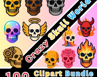 Skull Clipart PNG Bundle I 100 Crazy Skull Graphics I Cool Skull Sticker I Transparent PNG | DIY + Commercial I Download