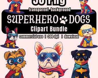 50 Superhero Dogs Clipart Bundle - Superhero Dogs Clip Arts - PNG Files - Cute Animal Illustrations - DIY Craft - Commercial - Download