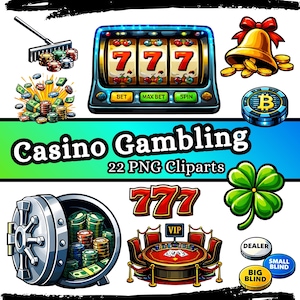 Könnte beinhalten: Eine Sammlung von Casino-Cliparts. Enthält einen Spielautomaten mit dreifachen Siebenern, eine goldene Glocke mit Münzen, einen Bitcoin-Chip, ein vierblättriges Kleeblatt, einen Tresor voller Chips und einen Pokertisch. Text: "Casino Gambling 22 PNG Cliparts."