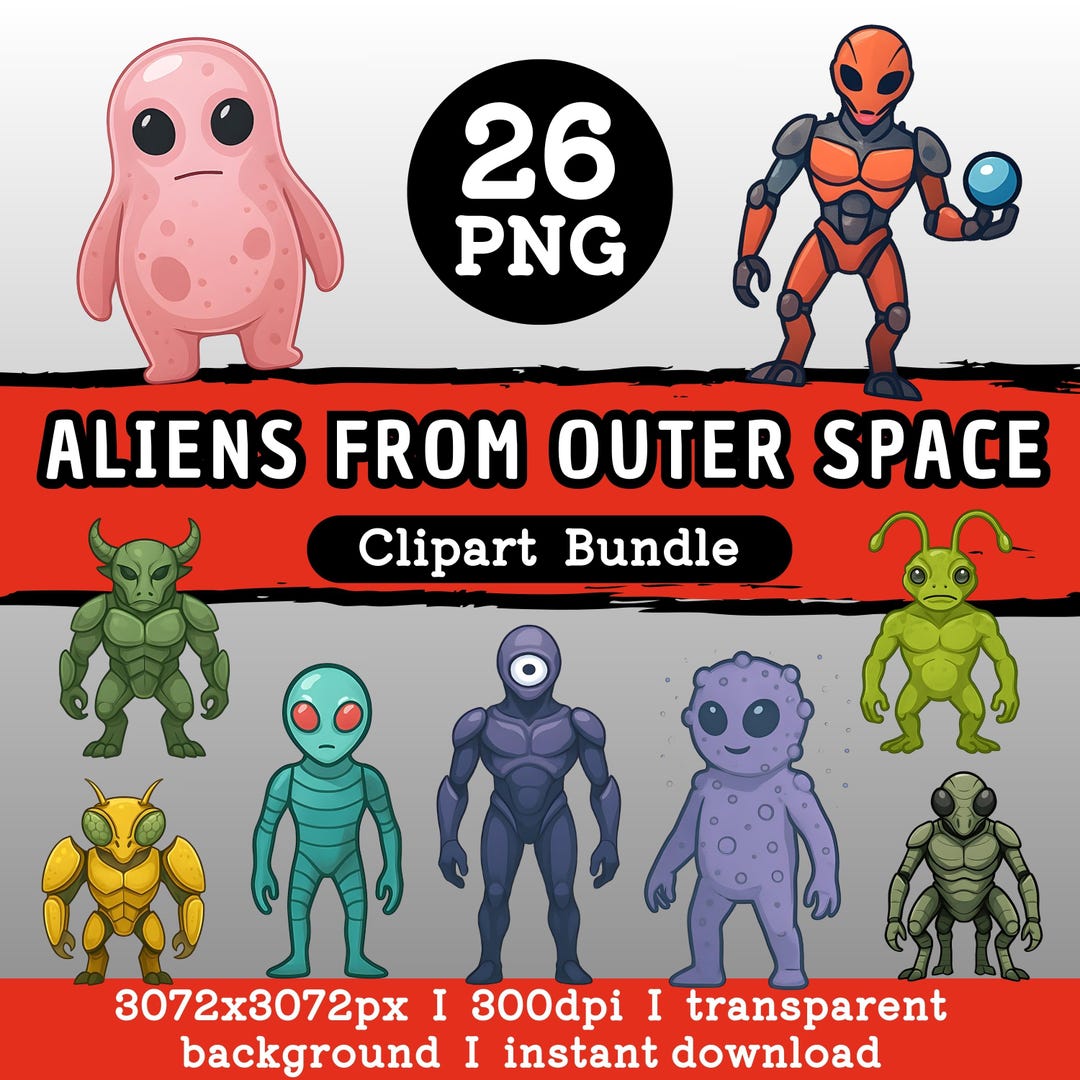 26 Aliens Clipart Bundle - Alien Stickers | PNG Graphic Set I Alien ...
