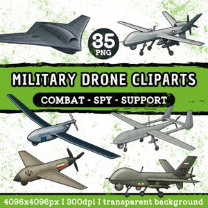 Puede incluir: Colección de cliparts de drones militares. La imagen incluye ilustraciones de diferentes tipos de drones, con el texto "MILITARY DRONE CLIPARTS" y "COMBAT - SPY - SUPPORT". La imagen también incluye el texto "35 PNG".