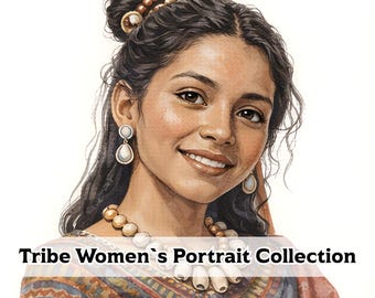 Clipart-paket med tribalkvinnor, 28 porträtt av etniska kvinnor i JPG, bilder av bohemiska tribalkvinnor, konst med inhemsk kvinna, utskrivbart set med skräpjournaler