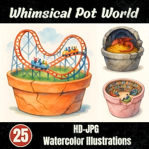 Könnte beinhalten: Aquarellillustrationen mit skurrilen Szenen in Blumentöpfen. Ein Topf hat eine Achterbahn, ein anderer einen Drachen und Gold, und ein dritter eine Bibliothek. Der Text "Whimsical Pot World" steht oben.