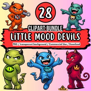 Könnte beinhalten: Ein digitales Clipart-Bundle mit fünf Cartoon-Teufeln in verschiedenen Farben und Ausdrücken. Das Bild enthält den Text "LITTLE MOOD DEVILS" und "28" in einem roten Kreis. Das Clipart ist als PNG mit transparentem Hintergrund für kommerzielle Zwecke gekennzeichnet.