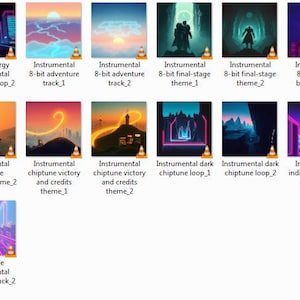 May include: A collection of digital art album covers with various themes. The covers feature text such as "High-energy instrumental chiptune loop", "8-bit adventure track", and "Instrumental indie pixel-game adventure music". Each cover has a VLC media player icon.