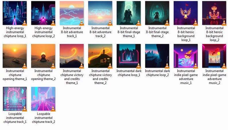 May include: A collection of digital art album covers with various themes. The covers feature text such as "High-energy instrumental chiptune loop", "8-bit adventure track", and "Instrumental indie pixel-game adventure music". Each cover has a VLC media player icon.
