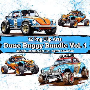Puede incluir: Un conjunto de 12 imágenes de clip art digitales de buggys de dunas. Las imágenes presentan una variedad de colores y diseños, incluyendo un buggy de dunas azul y naranja, un buggy de dunas rojo y blanco y un buggy de dunas amarillo y negro. Las imágenes son de 300 dpi y son aptas para uso comercial.