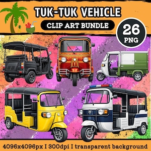 Puede incluir: Un paquete de imágenes prediseñadas digitales con cinco coloridos vehículos tuk-tuk. Los vehículos son de varios colores, incluyendo negro, rojo, amarillo, blanco y azul. La imagen incluye el texto "TUK-TUK VEHICLE CLIP ART BUNDLE" y "26 PNG". Tamaño de la imagen: 4096x4096px.