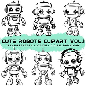 かわいいロボットクリップアート18点セット/子供向けロボットイラスト/背景透明PNG形式/商用利用/ホビーDIY
