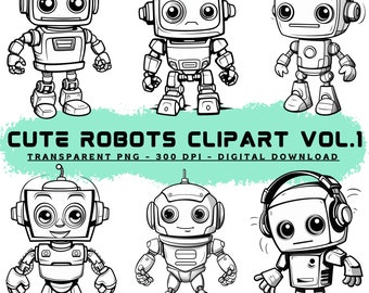 18 Cute Robot Clipart Bundle /Robot Illustrations for Kids/ PNG Format with Transparent Background/ Commercial Use/ Hobby DIY