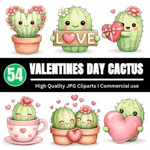 Peut inclure: Ensemble d'illustrations à l'aquarelle représentant des cactus souriants avec des cœurs et des fleurs. Les images incluent des cactus en pots, tenant des cœurs et un panneau avec le mot "LOVE". Le texte "VALENTINES DAY CACTUS" est également présent.