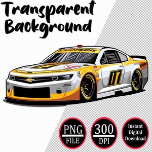 Op de afbeelding: Een cartoonillustratie van een witte en gele raceauto met nummer 17 aan de zijkant. De auto staat op een transparante achtergrond. PNG-bestand, 300 DPI, direct digitaal downloaden.