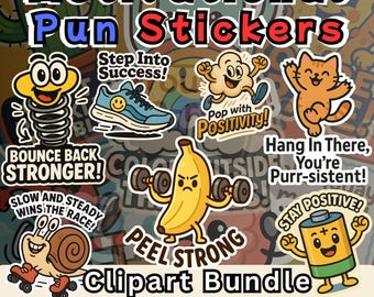 Motivational Sticker Bundle with Word Games | 60 PNG Graphics | Positive Messages | DIY+Hobby Stickers I Commercial I Download