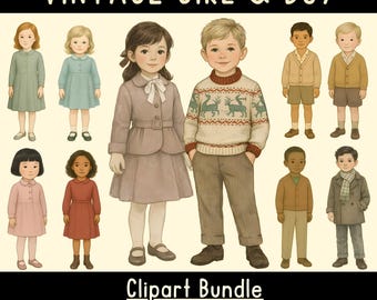 Paquete de imágenes prediseñadas infantiles vintage: 68 gráficos PNG | Ilustraciones para niñas y niños | Descarga digital | Uso DIY y comercial
