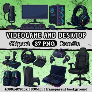 Puede incluir: Ilustración de equipos de juego y de ordenador de sobremesa. Incluye un micrófono, monitor, teclado, torre de ordenador, ratón, auriculares, joystick, volante, pedales, gafas de realidad virtual, mandos, altavoces, consola de juegos, portátil y silla gaming. Texto: "VIDEOGAME AND DESKTOP Clipart 37 PNG Bundle".