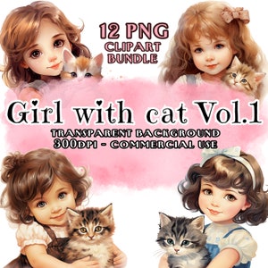 Girl with Cat Clipart Bundle Vol.1, Girl with Cat Watercolor+other styles clipart, transparent PNG, Commercial use, Hobby DIY, kids