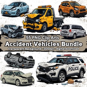 May include: Digital clip art bundle featuring various accident vehicles, including a tow truck, police SUV, and several damaged cars. The text reads "Accident Vehicles Bundle" and "55 PNG Clip Arts."