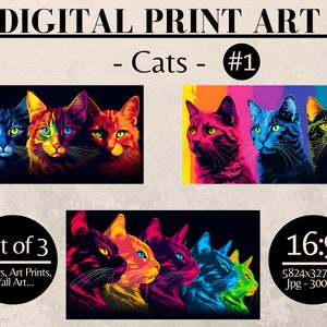 Könnte beinhalten: Set von drei digitalen Kunstdrucken mit farbenfrohen, stilisierten Bildern von Katzen. Die Drucke haben ein Seitenverhältnis von 16:9 und messen 5824 x 3276 Pixel bei 300 dpi.