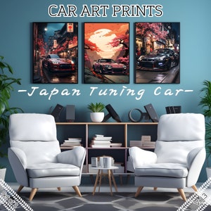 Puede incluir: Tres impresiones enmarcadas de escenas callejeras de estilo japonés con coches modificados. Las impresiones están en un salón con dos sillones blancos y una estantería.