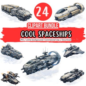 以下が含まれることがあります： さまざまな宇宙船のデジタルイラスト。画像には、数字24が入った赤い円と「CLIPART BUNDLE COOL SPACESHIPS JPG / 白い背景 / 商用利用 / ダウンロード」というテキストが含まれています。