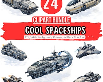 Cool Spaceships Clipart Bundle – 24 futuristic spaceships | JPG clipart | Sci-fi graphics set for DIY projects and commercial use