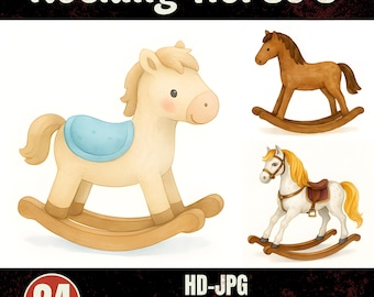 24 Rocking Horse Clip Art Set – Watercolor Illustrations – Digital JPG Files – Stickers & Decoration – Scrapbooking+Junk Journals I Download