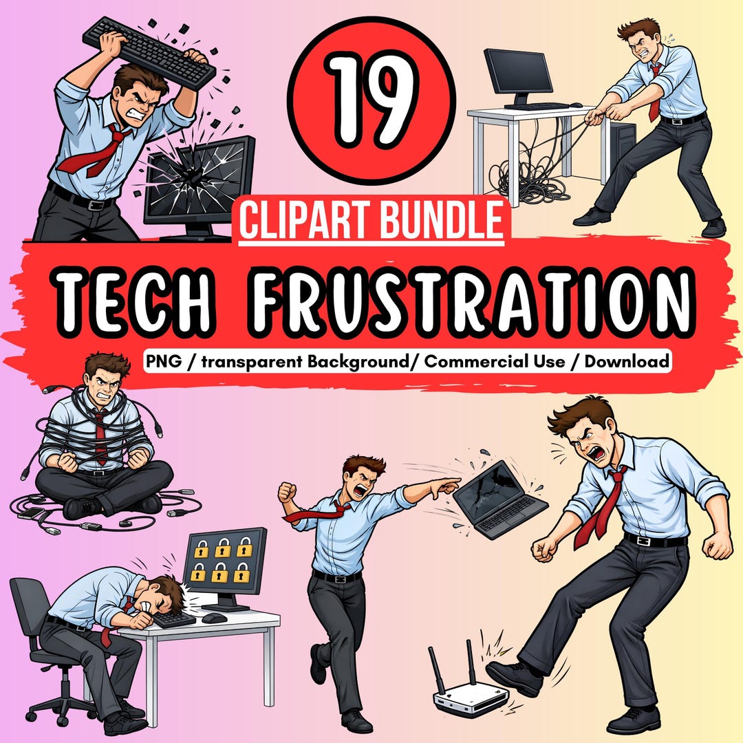 Tech Frustration Clipart Bundle – 19 PNG Graphics – Transparent – Funny ...