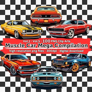 Muscle Car Clipart Mega Bundle, 100 Retro Classic Car Clip Art Set, Classic Car Illustrations, transparent PNG files, digital download