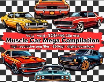 Muscle Car Clipart Mega Bundle, 100 Retro Classic Car Clip Art Set, Classic Car Illustrations, transparent PNG files, digital download