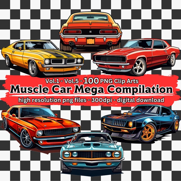 Muscle Car Clipart Mega Bundle, 100 Retro Classic Car Clip Art Set, Classic Car Illustrations, transparent PNG files, digital download