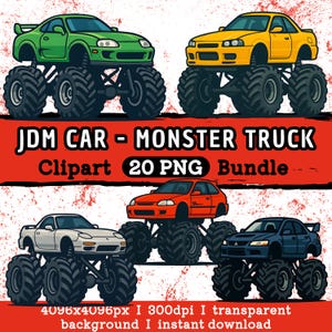 Könnte beinhalten: Digitale Illustration von fünf JDM-Autos, die in Monstertrucks umgewandelt wurden. Die Autos sind in verschiedenen Farben dargestellt, darunter Grün, Gelb, Orange, Weiß und Blau. Der Text "JDM CAR - MONSTER TRUCK Clipart 20 PNG Bundle" ist enthalten.