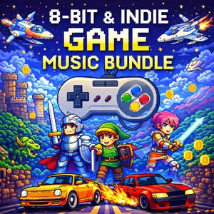 Könnte beinhalten: Lebendige digitale Kunst, die ein 8-Bit & Indie Game Music Bundle bewirbt. Das Bild zeigt pixelige Charaktere, einen Gamecontroller, Kampfflugzeuge und Autos. Der Hintergrund ist ein blauer Himmel mit Wolken und einer Burg.