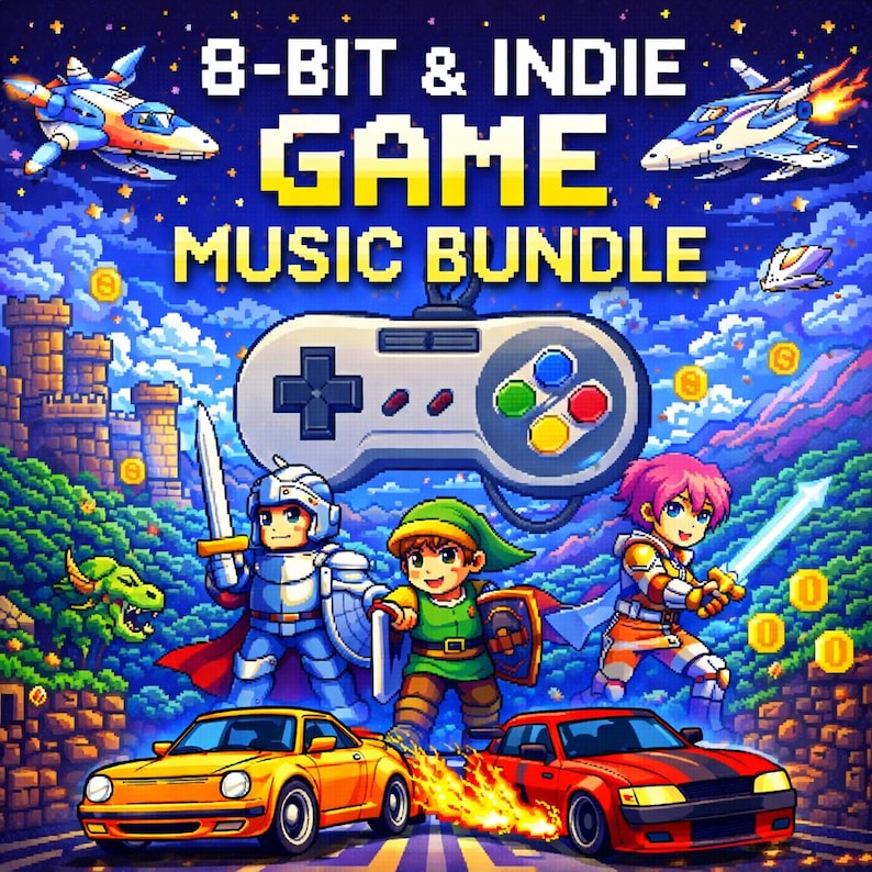 May include: A vibrant digital art piece promoting an 8-Bit & Indie Game Music Bundle. The image features pixelated characters, a game controller, fighter jets, and cars. The background is a blue sky with clouds and a castle.