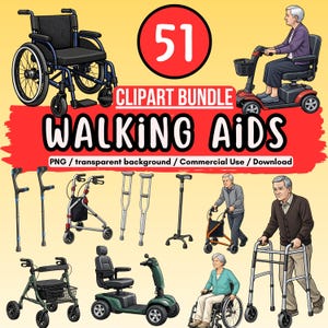 Könnte beinhalten: Ein Clipart-Bundle mit verschiedenen Gehhilfen, darunter Rollstühle, Mobilitätsroller, Gehhilfen, Krücken und Gehstöcke. Das Bild enthält Illustrationen von Personen, die die Gehhilfen benutzen. Der Text "WALKING AIDS" ist deutlich sichtbar.