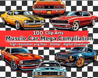 Muscle Car Clipart Mega Bundle I 100 Retro Muscle Cars I Klassieke Auto Clip Art I Klassieke Auto Illustraties I PNG transparant I downloaden