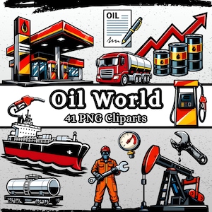 May include: A collection of 41 PNG cliparts with an oil industry theme. The image includes a gas station, tanker truck, oil barrels, a ship, a worker, and an oil pump. The words "Oil World" are displayed.