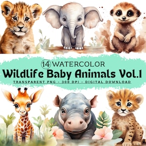 14 Wild Animal Baby Cliparts Package Vol. 1, cute watercolor animals clipart, transparent PNG, digital download, DIY home, commercial use, kids