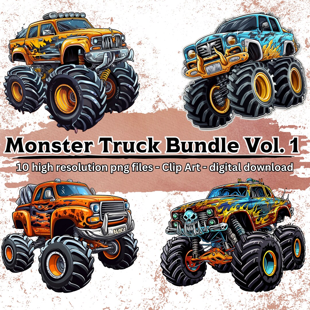 Monster Truck Clipart Bundle Vol. 1, 10 PNG Clip Art Set, Transparent ...