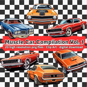 Muscle Car Clipart Bundle Vol. 1, 20 Retro Classic Car Clip Art Set, Classic Car Illustrations, transparent PNG files, digital download