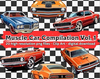 Muscle Car Clipart Bundle Vol. 1, 20 Retro Classic Car Clip Art Set, Classic Car Illustrations, transparent PNG files, digital download