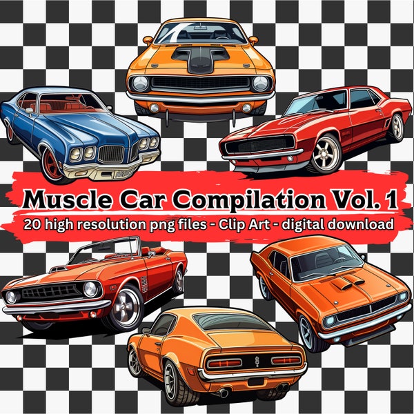 Muscle Car Clipart Bundle Vol. 1, 20 Retro Classic Car Clip Art Set, classic car illustrations, transparent PNG files, digital download