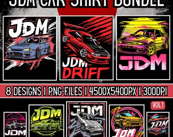JDM Car T-Shirt Design Bundle - 8 PNG graphics | Japanese Drift Cars | 4500x5400px | Shirt Clipart with commercial license | Download