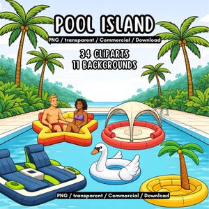 Könnte beinhalten: Cartoon-Illustration einer Poolszene mit verschiedenen aufblasbaren Schwimmkörpern, darunter ein Schwan und ein sternförmiger Schwimmer. Das Bild enthält Palmen und den Text "POOL ISLAND" mit "34 CLIPARTS 11 BACKGROUNDS".