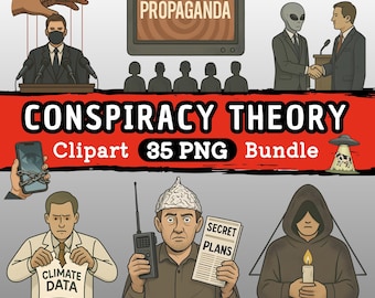 Peut inclure: Un ensemble d'illustrations numériques sur le thème de la théorie du complot. L'image comprend un écran de télévision avec le mot "PROPAGANDA", un extraterrestre serrant la main et une personne portant un chapeau en papier d'aluminium. Le texte "CONSPIRACY THEORY Clipart 35 PNG Bundle" est également présent.