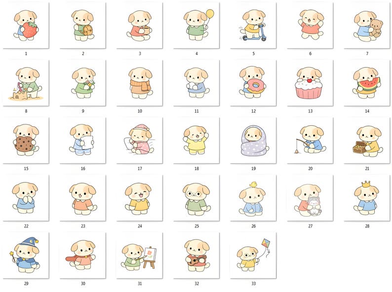 Kawaii Dog Clipart Bundle – 33 PNG Graphics – Cute Puppy Illustrations ...