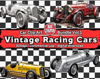 May include: A digital download of 20 vintage racing car clip art images. The cars are in various colors, including red, yellow, and silver. The cars are all in a racing pose, with their wheels turned and their engines revving. The images are perfect for use in scrapbooking, card making, and other craft projects.