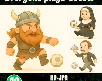 Alle Spielen Fußball Clipart Bundle – 40 Lustige Charaktere beim Fußballspielen – Aquarell Illustrationen – JPG Set – Kommerziell - Download