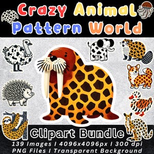 Könnte beinhalten: Ein Clipart-Paket mit 139 Bildern, die Tiere mit verschiedenen Mustern zeigen. Die Bilder sind 4096x4096 Pixel groß und haben 300 dpi. Zu den Tieren gehören ein Walross, ein Faultier, ein Igel, ein Emu, ein Elefant, ein Biber, ein Hund, eine Katze und ein Känguru. Die Bilder haben transparente Hintergründe.