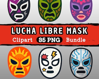 35 imágenes prediseñadas de máscaras de lucha libre – Paquete de gráficos PNG | Máscaras de lucha libre mexicana | Manualidades - Tarjetas - Scrapbooking | Uso comercial | Descargar