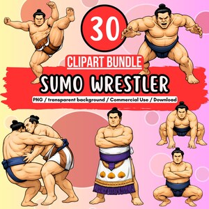 Könnte beinhalten: Ein Clipart-Bundle mit Illustrationen von Sumo-Ringern in verschiedenen Posen. Das Bild enthält einen roten Kreis mit der Zahl 30 und den Text "SUMO WRESTLER" und "CLIPART BUNDLE". Die Ringer sind in traditioneller Kleidung dargestellt.